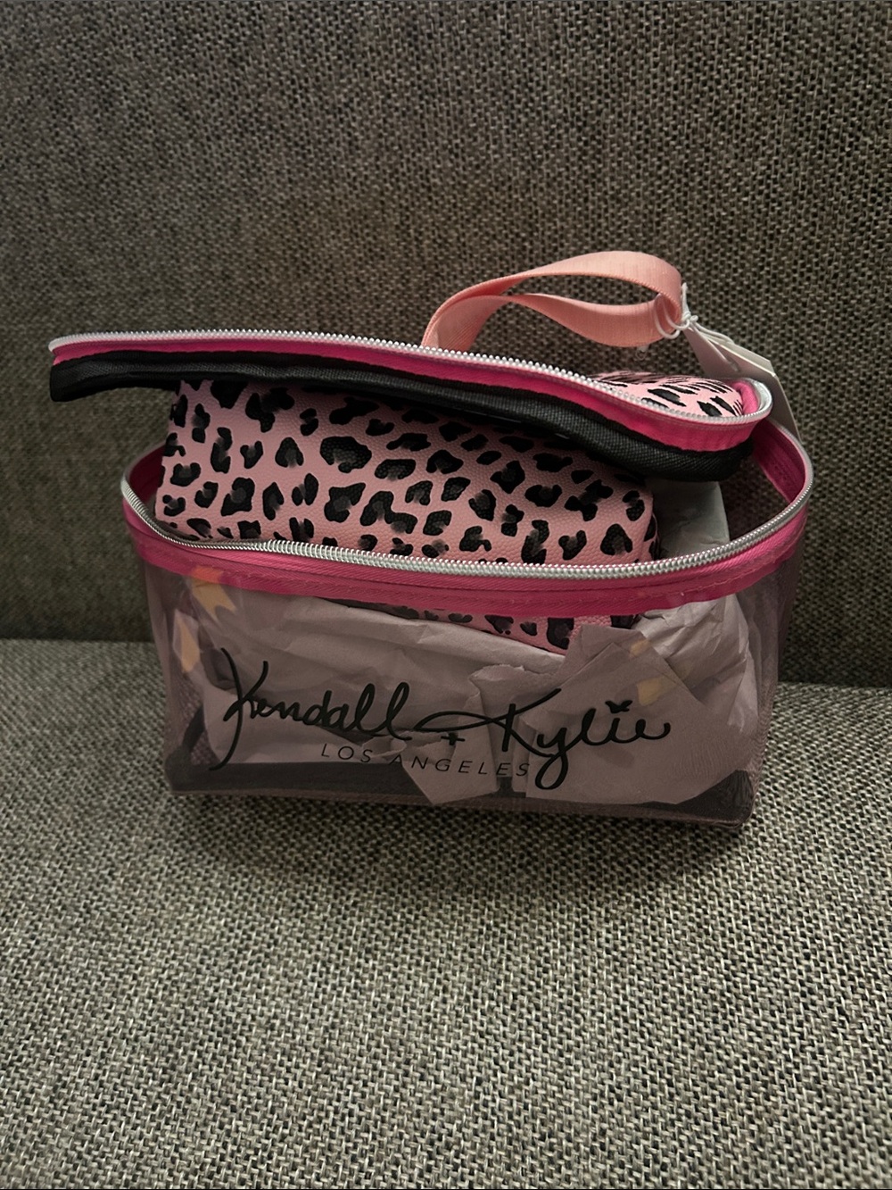 Kendall and Kylie pink transparent makeup bag set. 8” by 6” NWT